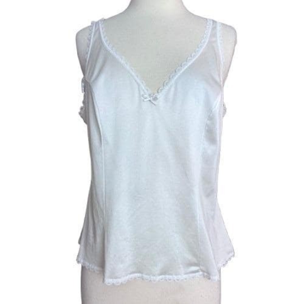 Vintage Women 90's minimalist Large White Satin Lace Trim Cami made in USA